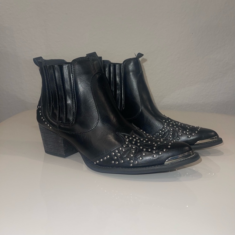 Wanted Lonestar Black Faux Leather Silver Detail Western Booties
